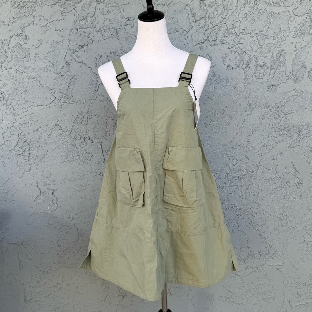 Zara Girls Utility Cargo Pocket A-line Pinafore Dress Sage Green 100% Cotton NWT